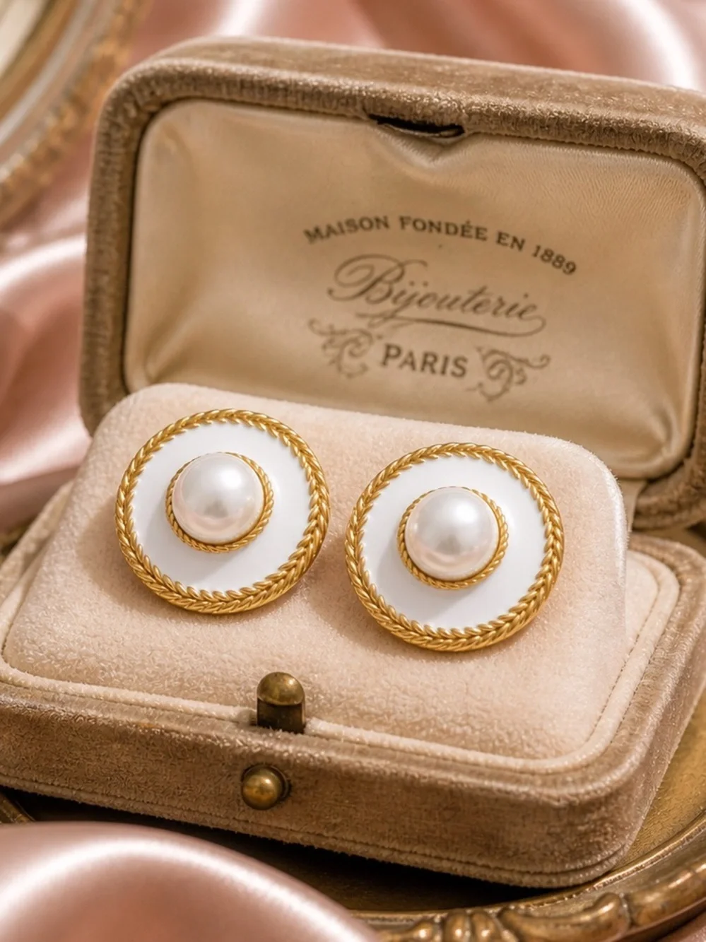 White Pearl Button Gold Earrings